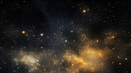 Naklejka premium Abstract Dark Background with Golden Sparkling Stardust and Nebula. Celestial Glitter Texture, Magic, Celebration, Festive Overlay.