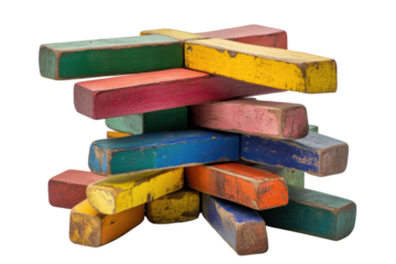 Stack of colorful rough cubes isolated on transparent background. Stack of colorful wooden blocks isolated on white background.
