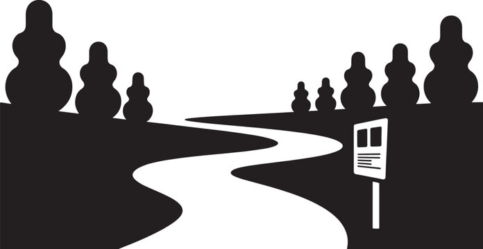 Winding pathway amidst stylized trees and a signpost flat vector illustration design