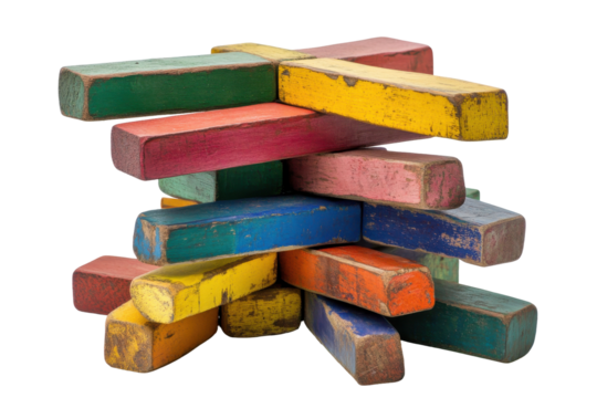 Stack of colorful rough cubes isolated on transparent background. Stack of colorful wooden blocks isolated on white background.