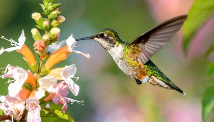 Fototapeta premium A hummingbird, captured mid-flight, approaches a vibrant orange and white flower, nature scene