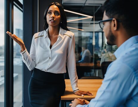 Female executive confidently speaking to a male colleague in a modern corporate office, gesturing to explain a point during a meeting.