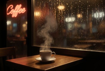Coffee cup, outside the large window, heavy rain falls