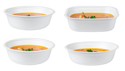 Hearty vegetable and herb soup served in four bowls savory hot soup featuring garden fresh vegetables and aromatic herbs presented in individual servings