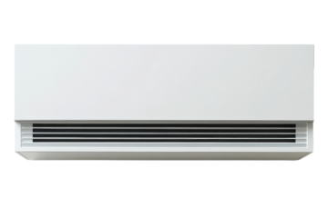White air conditioner unit with horizontal vents isolated on transparent background. White rectangular conditioner isolated on white background.