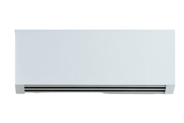 White air conditioner unit with horizontal vents isolated on transparent background. White rectangular conditioner isolated on white background.