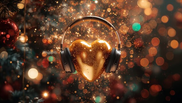 A shiny golden heart wearing black headphones glows amid warm festive lights and sparkling bokeh, creating the cozy holiday atmosphere featuring rich golden tones and soft focus