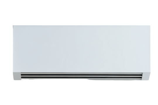 White air conditioner unit with horizontal vents isolated on transparent background. White rectangular conditioner isolated on white background.