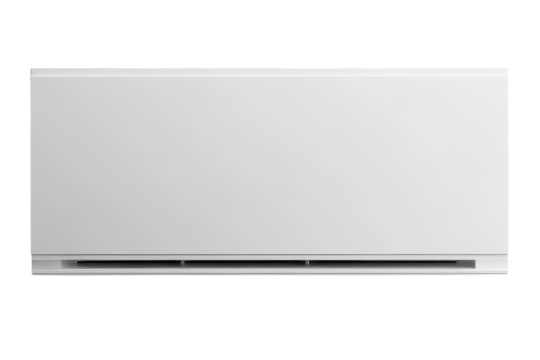 White air conditioner unit with horizontal vents isolated on transparent background. White rectangular conditioner isolated on white background.