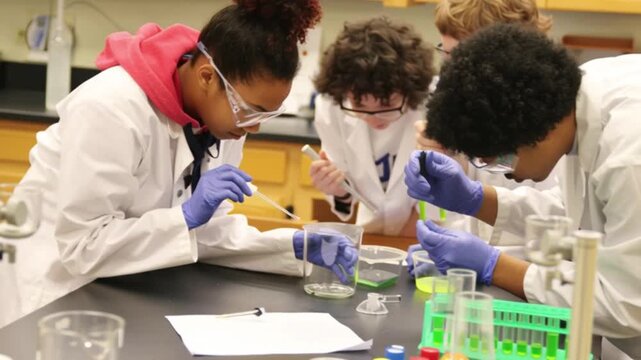 Science students collaborating in laboratory wearing protective gloves and coats conducting chemistry experiment with pipettes teamwork research learning concept modern education biotechnology scienti - Powered by Adobe