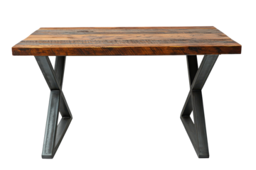 Rustic wooden table with ornate metal legs isolated on transparent background. Wood and metal table isolated on white background.