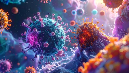 Microscopic view of virus particles floating in a vibrant, colorful fluid with blurred background