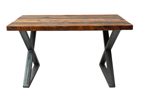 Rustic wooden table with ornate metal legs isolated on transparent background. Wood and metal table isolated on white background.