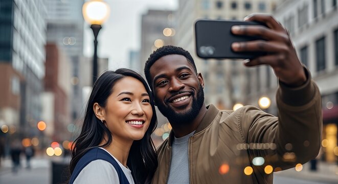 Smiling Asian woman and African American man take a selfie together in a vibrant urban setting, capturing joyful moments with friends and city lights in the background