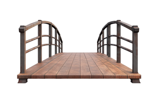 Wooden garden arch bridge isolated on transparent background. Wooden bridge with metal railings isolated on white background.