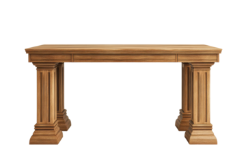 Antique wooden console table with ornate carved legs isolated on transparent background. Wooden desk with legs isolated on white background.
