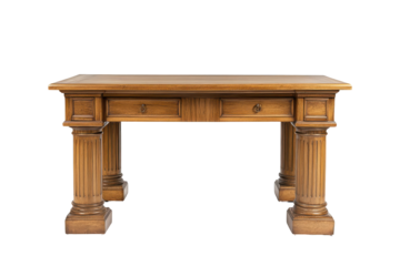 Antique wooden console table with ornate carved legs isolated on transparent background. Wooden desk with legs isolated on white background.