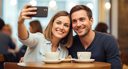 Smiling young couple taking a selfie in a cozy cafe, surrounded by friends enjoying drinks and pastries, capturing joyful moments and shared experiences