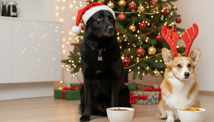 Two Cute Dogs in Christmas Costumes Sitting by Christmas Tree
