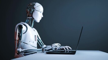 Futuristic humanoid robot typing on laptop computer in dark modern workspace artificial intelligence productivity automation technology concept digital future machine learning innovation cyber industr - Powered by Adobe