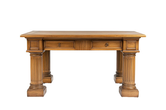 Antique wooden console table with ornate carved legs isolated on transparent background. Wooden desk with legs isolated on white background.