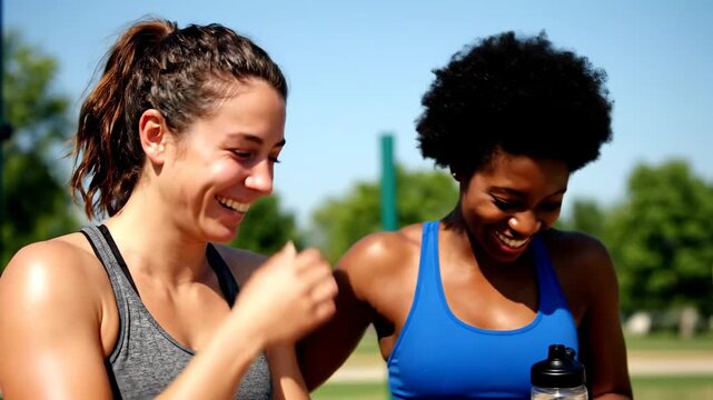 Two friends laughing workout handheld camera authentic joy vibe. pair chuckle exercise portable cam genuine happiness feeling.