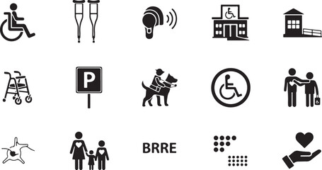 Fototapeta premium Disability and Accessibility Icons Wheelchair Crutches Walker Dog vector illustration