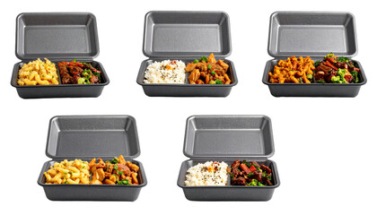 Diverse food assortments in storage containers six storage containers present diverse food items showcasing organized and varied culinary options