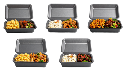 Diverse food assortments in storage containers six storage containers present diverse food items showcasing organized and varied culinary options