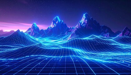 Neon blue grid over rolling digital hills under a starry violet sky. Futuristic and otherworldly