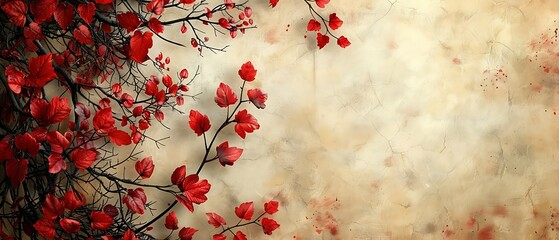 Vibrant red blossoms cascade down a textured parchment background in a delicate floral composition.