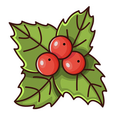 Doodle Style Holly Leaves with Red Berries Festive Winter Holiday Icon on Transparent Background