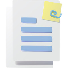 Document With Sticky Note and Paperclip Illustration Isolated on White Background With Blue Text Placeholders And Yellow Note