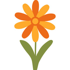 Doodle Style Flower with Orange and Yellow Petals and Green Leaves on Transparent Background Simple Illustration