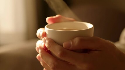 Hands holding a cup of warm beverage, cozy morning routine concept