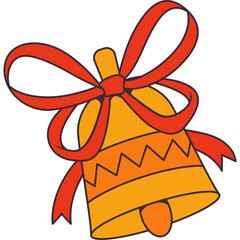 Golden Christmas Bell With Red Ribbon Bow And Zigzag Pattern Detail Isolated On Transparent Background