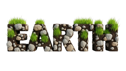 The word earth spelled out with natural stones and vibrant green grass growing on a transparent background isolated on transparent background
