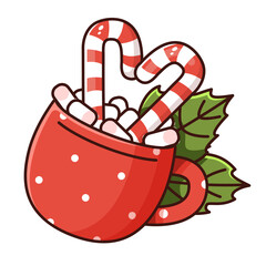Festive Red Mug Filled With Marshmallows And Candy Canes With Green Leaves Accents In Pixel Art Style On A Transparent Background