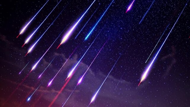 Meteor shower glowing across starry night sky, cosmic shooting stars streaking through galaxy background, astronomy space animation, celestial meteors, comet trails, universe backdrop, night sky motio