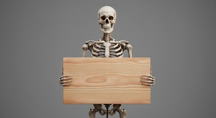 Anthropomorphic human skeleton smiling while holding a blank, realistic wooden sign or plank for text, symbolizing a warning, anatomy, or humorous message