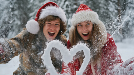 Playful couple wearing Santa hats having snowball fight around heart shape drawn in snow, laughing joyfully, snow flying in air, heart symbol between them, dynamic action shot, winter forest setting