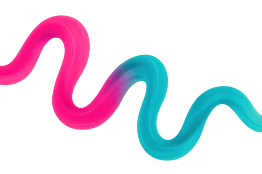 Abstract wavy fluid line in gradient pink and cyan colors, flowing on a transparent background