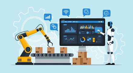 Modern Business Automation Robotic Arm and AI on Assembly Line, Smart Factory Concept for Industrial Efficiency and Growth
