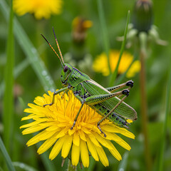 Green grasshopper perched on a vibrant yellow dandelion flower in nature closeup