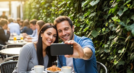 Smiling couple taking a selfie at a cozy cafe surrounded by lush greenery, enjoying coffee and pastries, capturing joyful moments with friends in a vibrant atmosphere