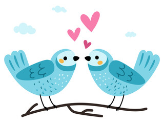 Naklejka premium Two lovebirds sit next to each other on tree branch with amour hearts. Cartoon birds love and romance. Valentine animals. Birdies flight. Spring couple relationship. Vector illustration