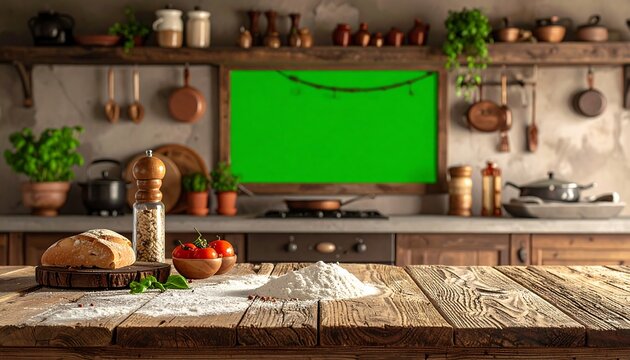 Rustic kitchen setting with a wooden table, bread, tomatoes, and a green screen background suggesting food preparation