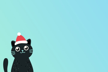 Black Cat with Santa Hat on Blue Gradient Background