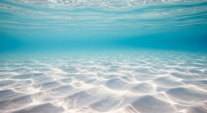 Calm and clear underwater perspective of the sandy ocean floor with natural ripple patterns created by sunlight filtering through the turquoise sea surface