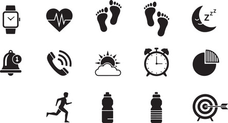 Health and Fitness Icons Smartwatch Heart Rate Footprints Moon Phone Alarm alert